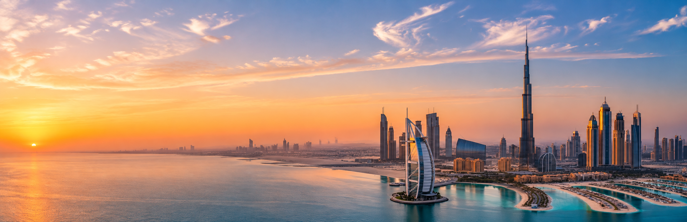 Dubai skyline with Burj Khalifa at dusk